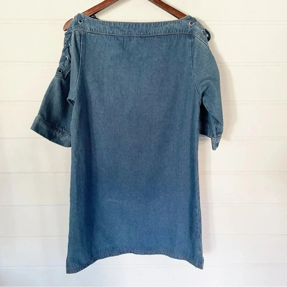 EUC Maeve Anthropologie Blue Denim Lace Up Shoulder Mini Shift Dress Size Small - Picture 12 of 13